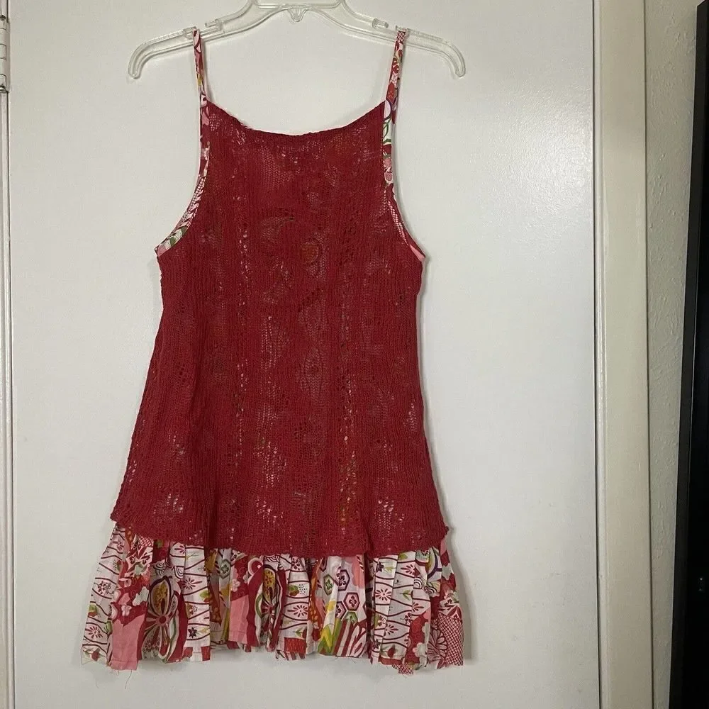 FREE PEOPLE red knit floral pleated tunic short dress size Small